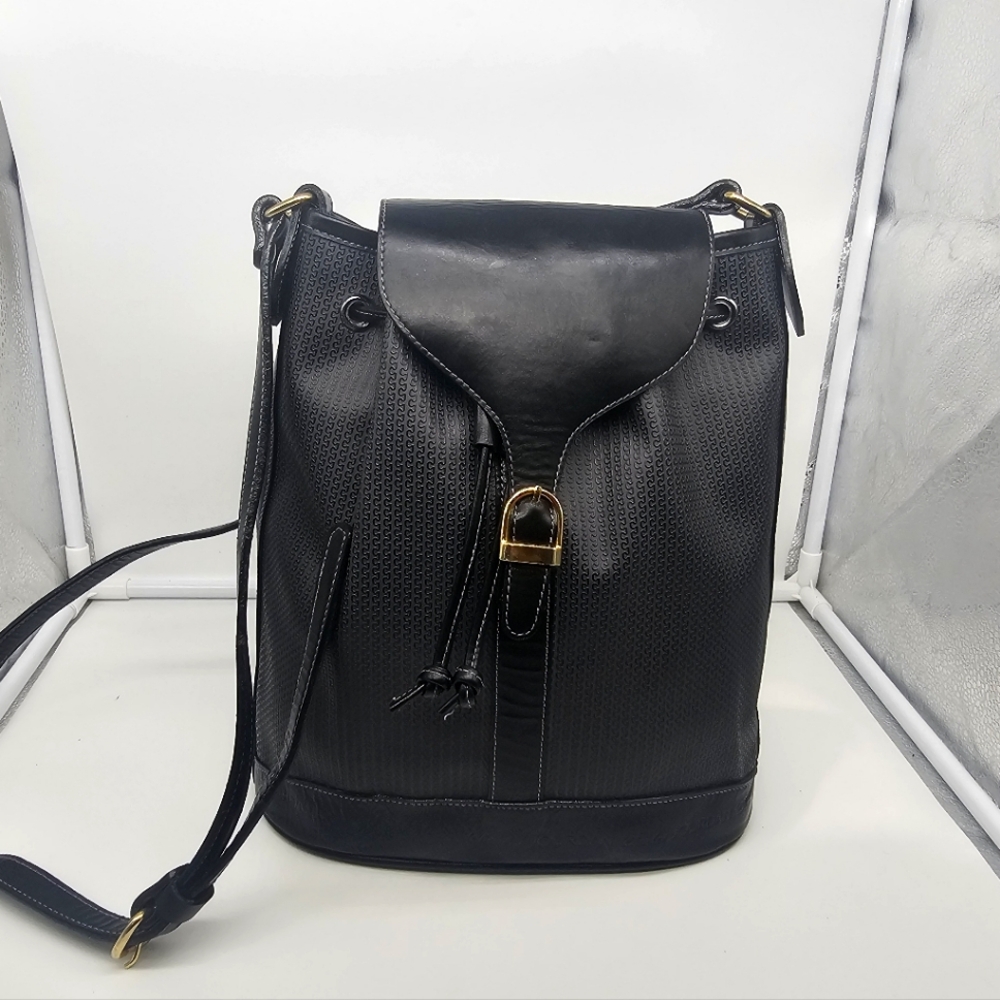 CHARLES JOURDAN Vintage Coated Canvas Black Leather Drawstring Bucket Bag